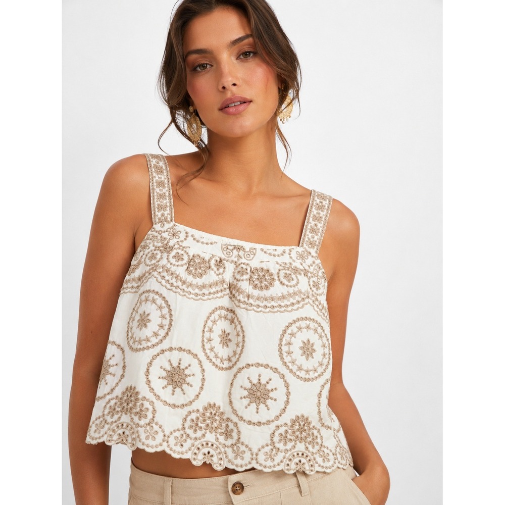 Design History Brady Tank Beige White Embroidered Eyelet Cotton Top XL